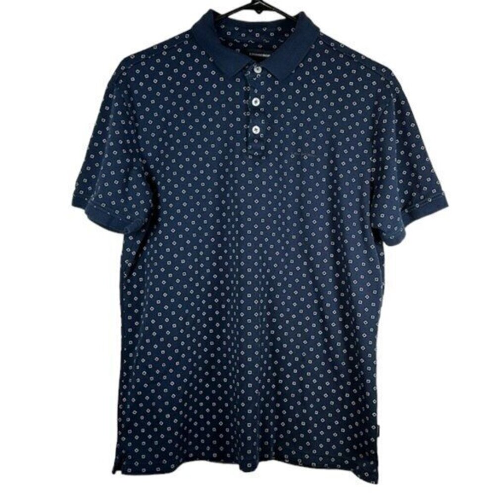 Mens LINDBERGH Navy Blue Square Pattern Polo Shirt Slim Fit Size Large EUC #0099